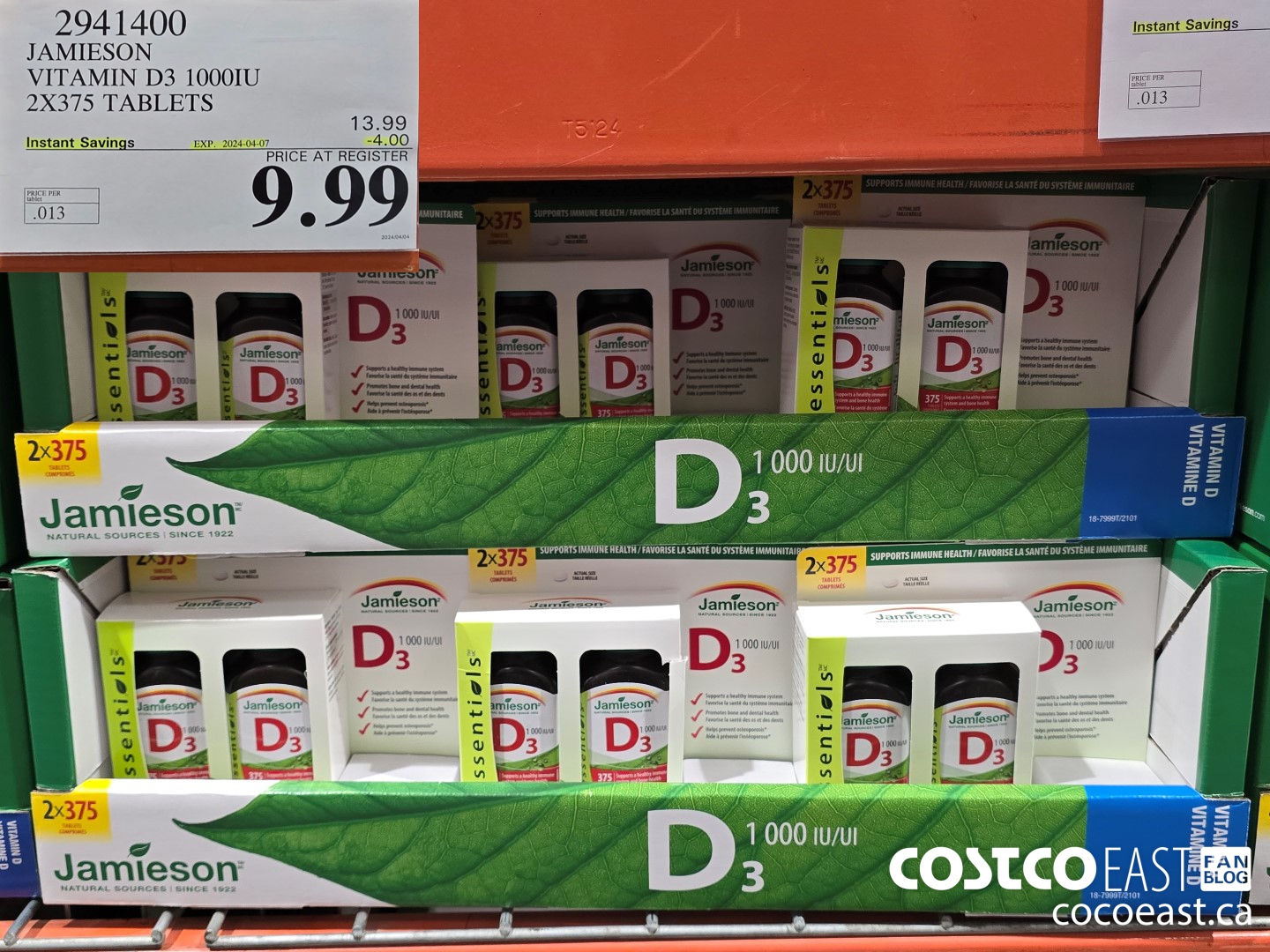 2941400 JAMIESON VITAMIN D3 1000IU 2X375 TABLETS ($4.00 INSTANT SAVINGS EXPIRES ON 2024-04-07) $9.99