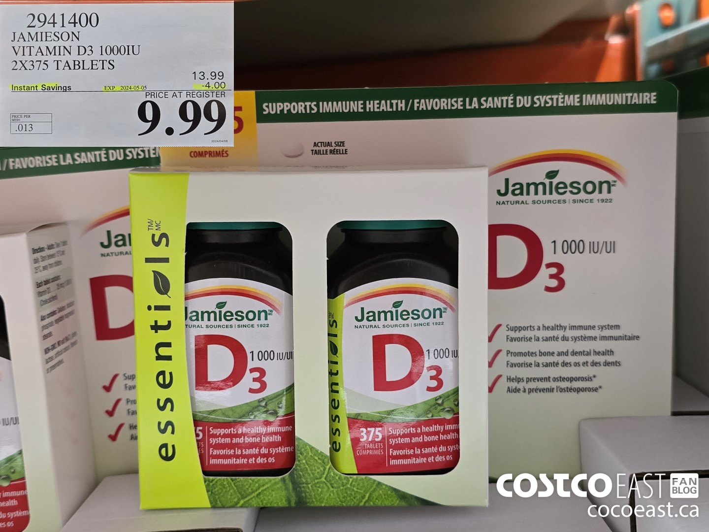 2941400 JAMIESON VITAMIN D3 1000IU 2X375 TABLETS ($4.00 INSTANT SAVINGS EXPIRES ON 2024-05-05) $9.99
