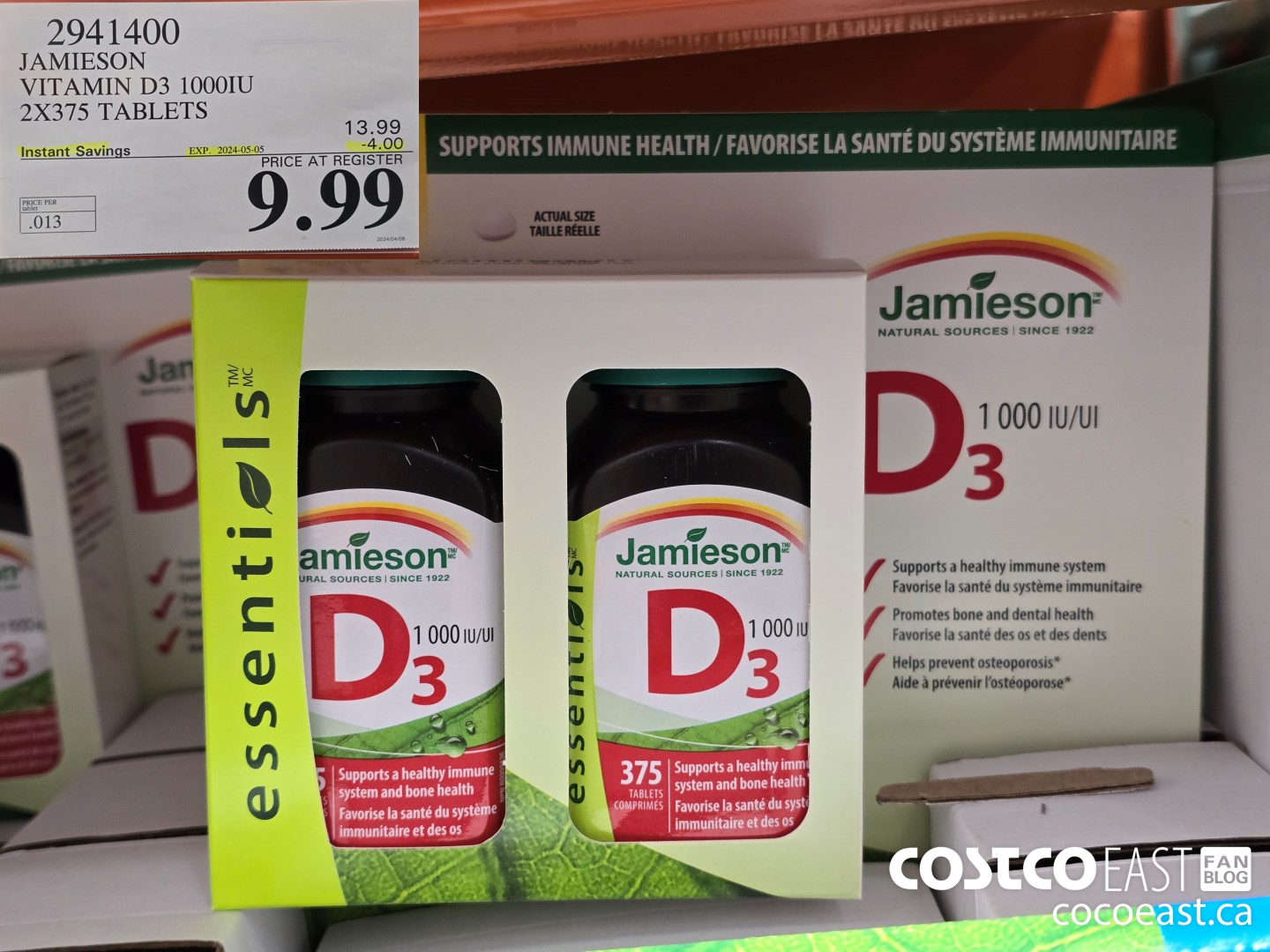 2941400 JAMIESON VITAMIN D3 1000IU 2X375 TABLETS ($4.00 INSTANT SAVINGS EXPIRES ON 2024-05-05) $9.99