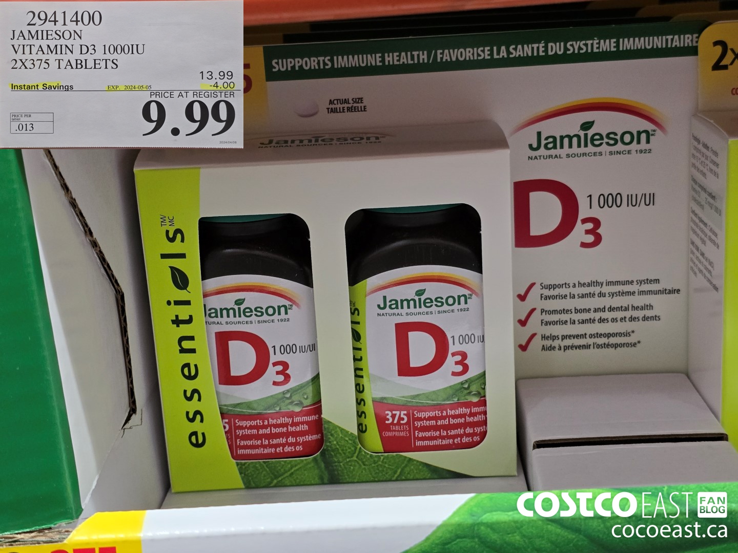 2941400 JAMIESON VITAMIN D3 1000IU 2X375 TABLETS ($4.00 INSTANT SAVINGS EXPIRES ON 2024-05-05) $9.99