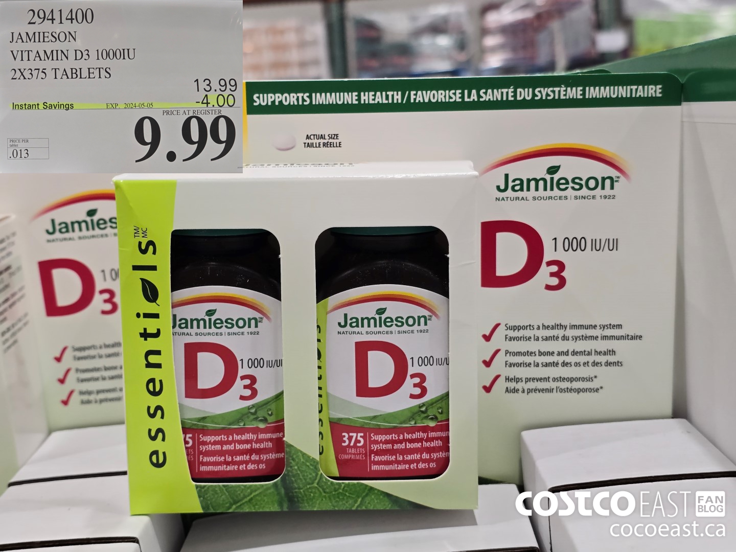 2941400 JAMIESON VITAMIN D3 1000IU 2X375 TABLETS ($4.00 INSTANT SAVINGS EXPIRES ON 2024-05-05) $9.99