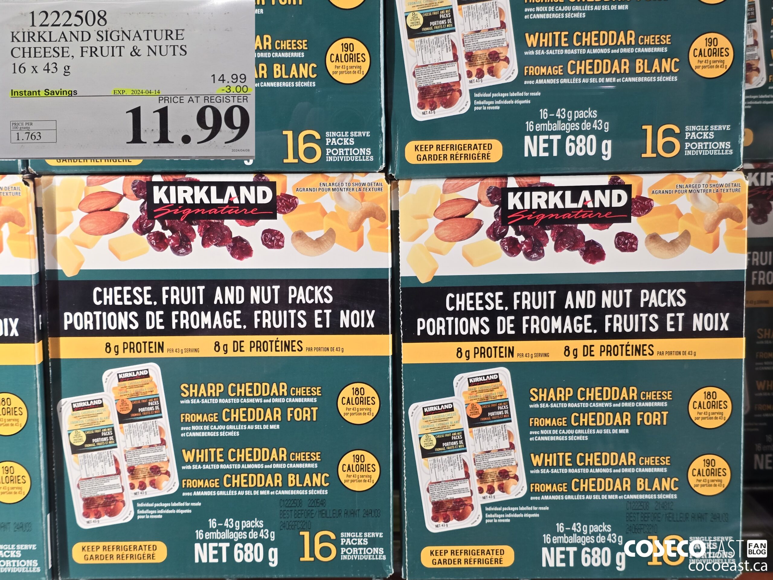 1222508 KIRKLAND SIGNATURE CHEESE, FRUIT & NUTS 16 x 43 g ($3.00 INSTANT SAVINGS EXPIRES ON 2024-04-14) $11.99
