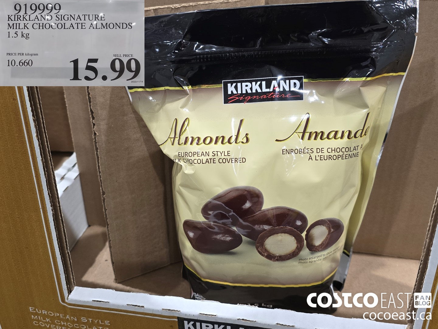 919999 KIRKLAND SIGNATURE MILK CHOCOLATE ALMONDS 1.5 KG $15.99