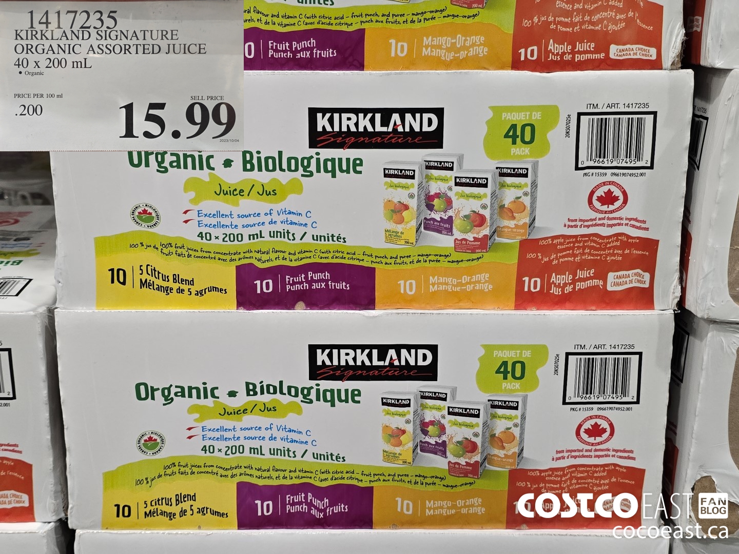 1417235 KIRKLAND SIGNATURE ORGANIC ASSORTED JUICE 40 x 200 mL $15.99