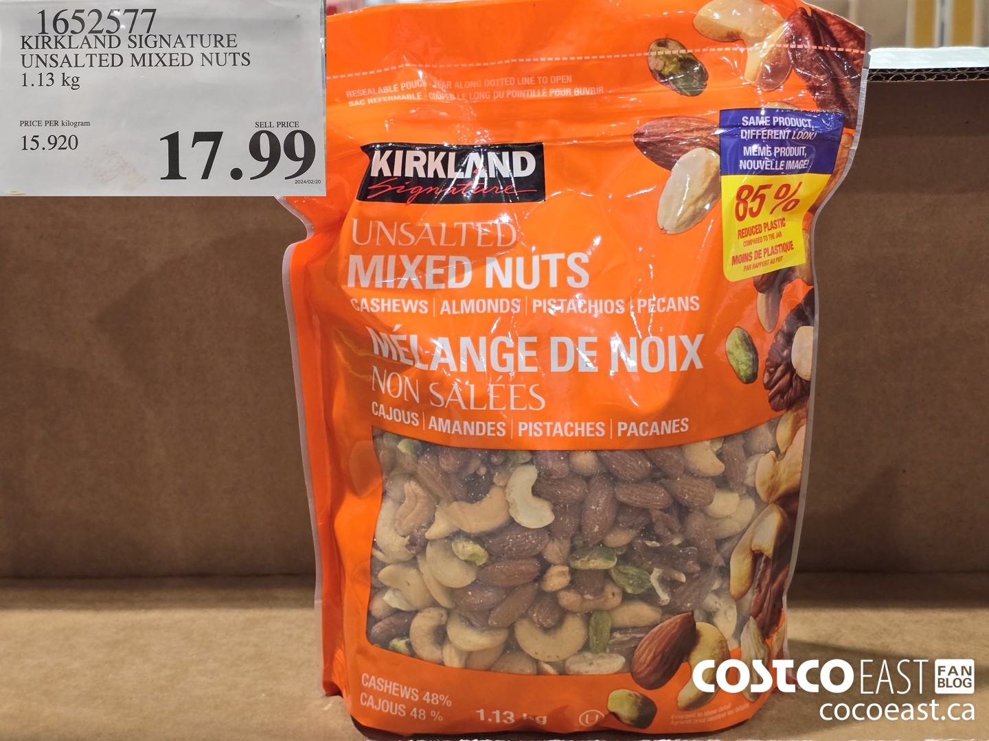 1652577 KIRKLAND SIGNATURE UNSALTED MIXED NUTS 1.13 KG $17.99