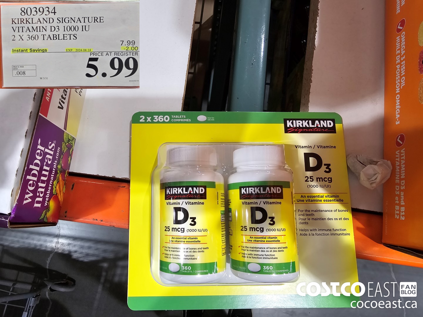 803934 KIRKLAND SIGNATURE VITAMIN D3 1000 IU 2 X 360 TABLETS ($2.00 INSTANT SAVINGS EXPIRES ON 2024-04-14) $5.99