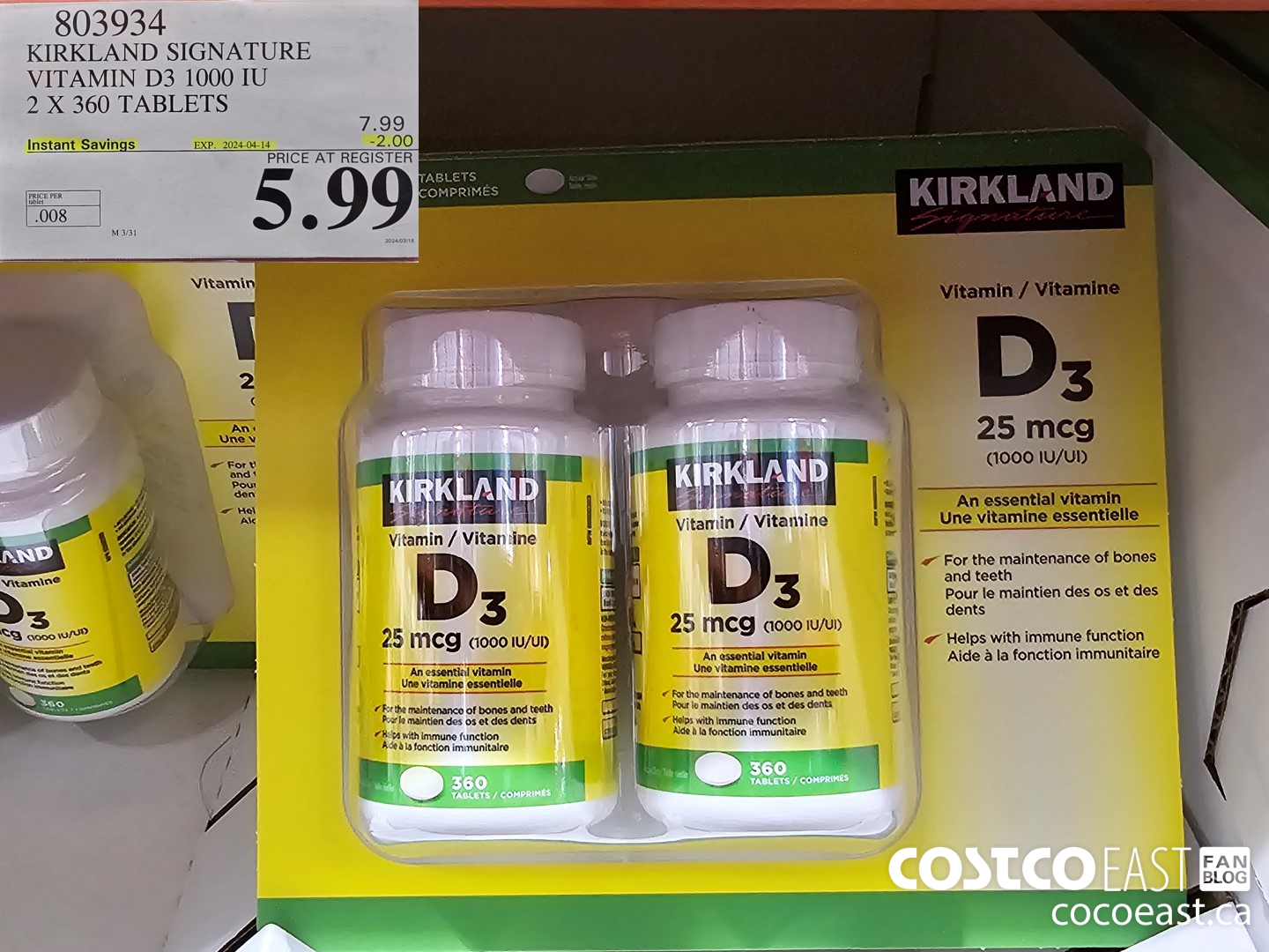803934 KIRKLAND SIGNATURE VITAMIN D3 1000 IU 2 X 360 TABLETS ($2.00 INSTANT SAVINGS EXPIRES ON 2024-04-14) $5.99