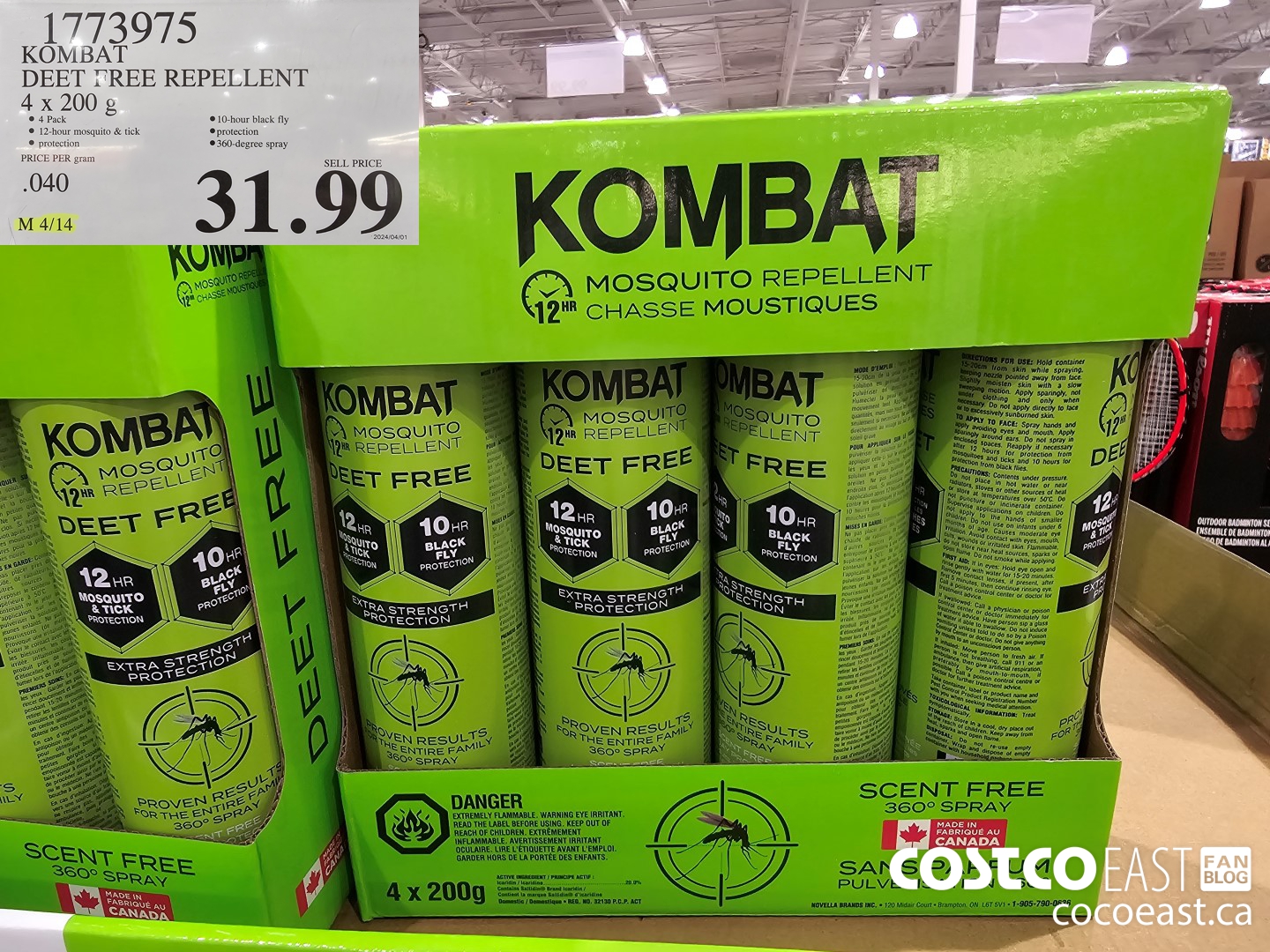 1773975 KOMBAT DEET FREE REPELLENT 4 - 200 G $31.99