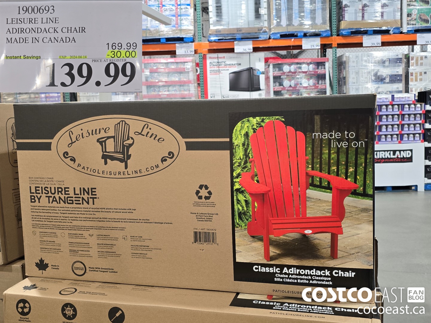 1900693 LEISURE LINE ADIRONDACK CHAIR MADE IN CANADA ($30.00 INSTANT SAVINGS EXPIRES ON 2024-04-14) $139.99