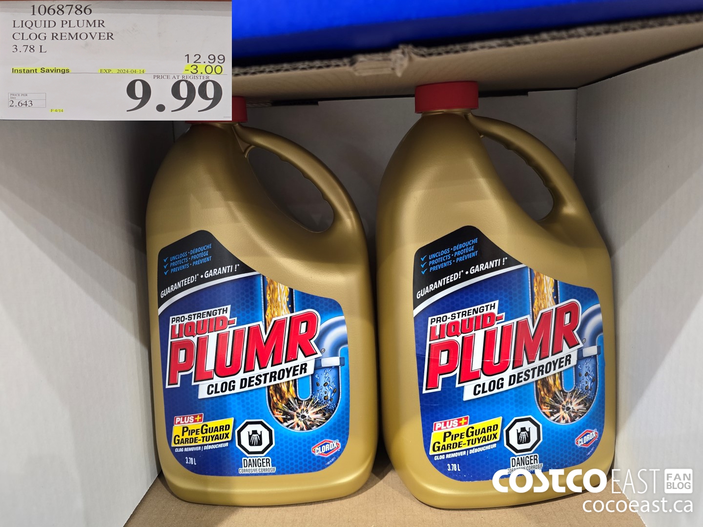1068786 LIQUID PLUMR CLOG REMOVER 3.78 L ($3.00 INSTANT SAVINGS EXPIRES ON 2024-04-14) $9.99