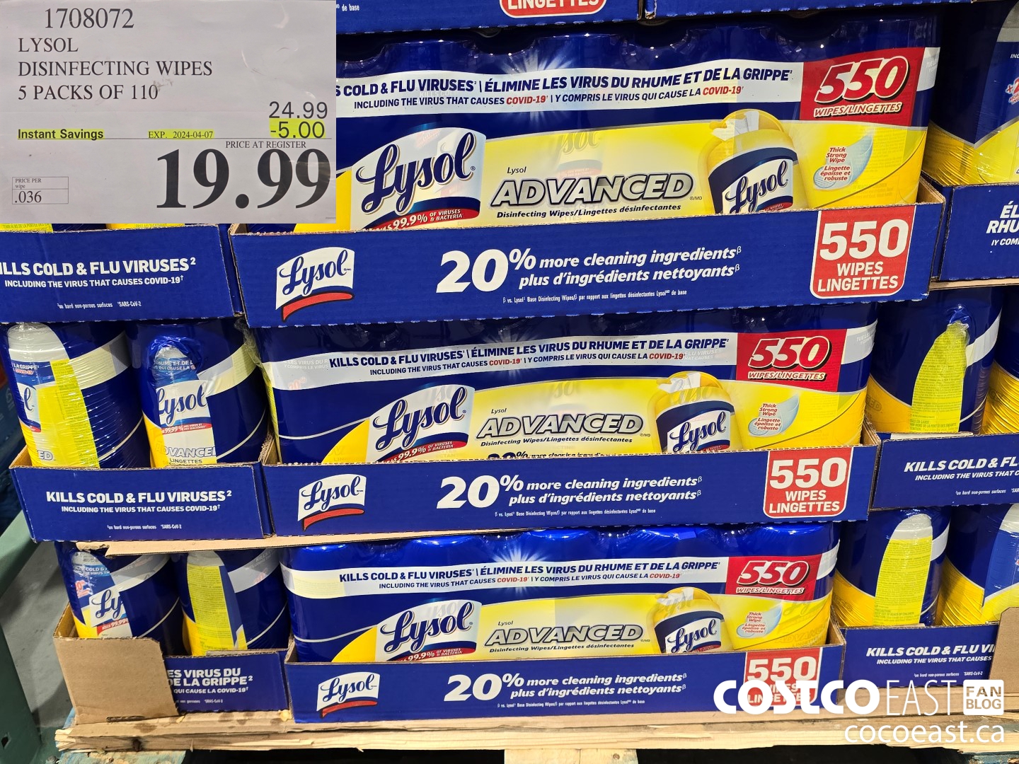 1708072 LYSOL DISINFECTING WIPES 5 PACKS OF 110 ($5.00 INSTANT SAVINGS EXPIRES ON 2024-04-07) $19.99