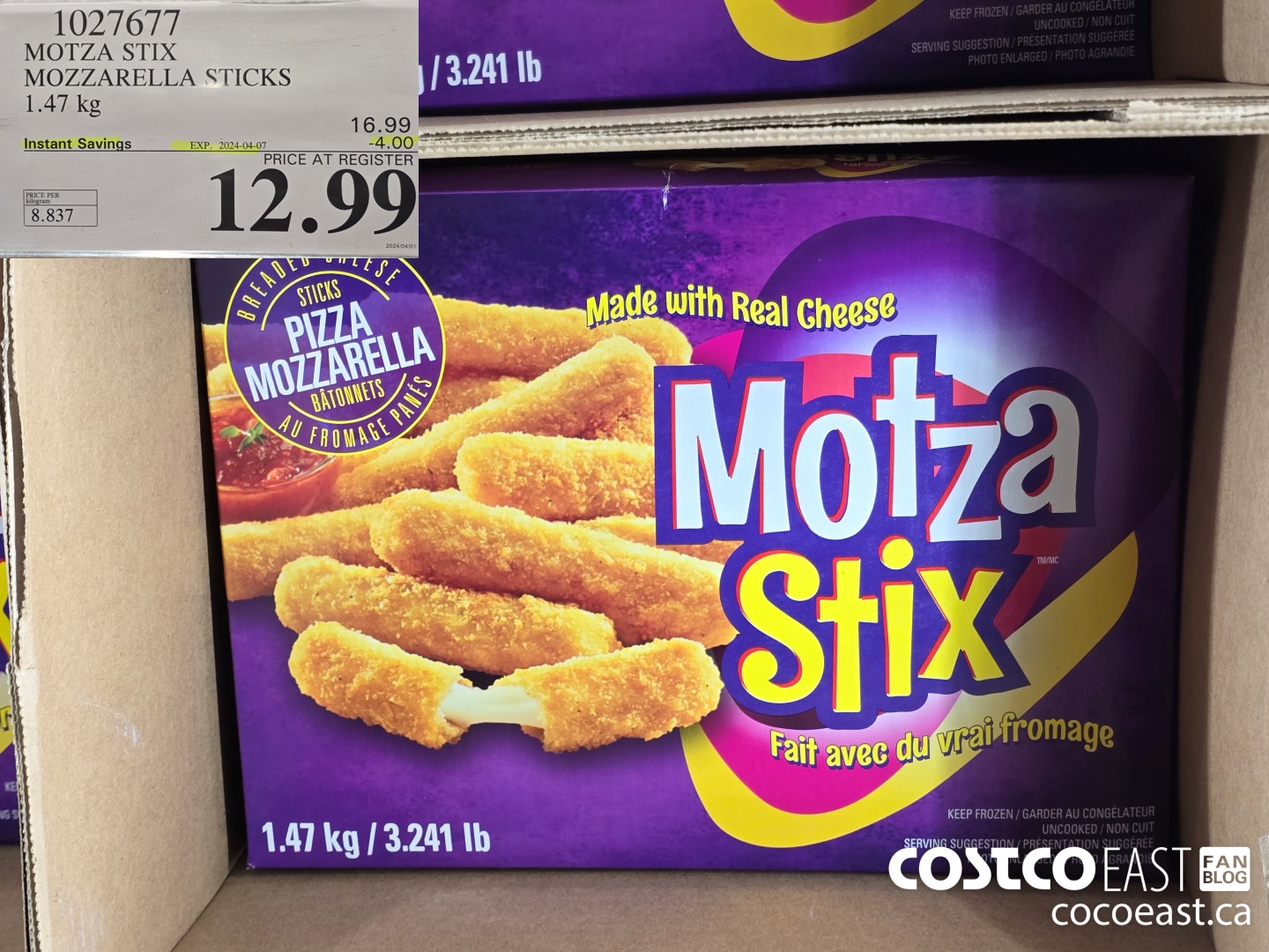 1027677 MOTZA STIX MOZZARELLA STICKS 1.47 kg ($4.00 INSTANT SAVINGS EXPIRES ON 2024-04-07) $12.99