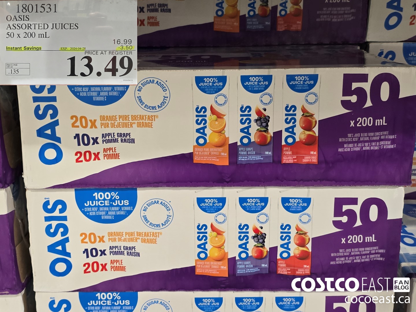1801531 OASIS ASSORTED JUICES 50 x 200 mL ($3.50 INSTANT SAVINGS EXPIRES ON 2024-04-28) $13.49