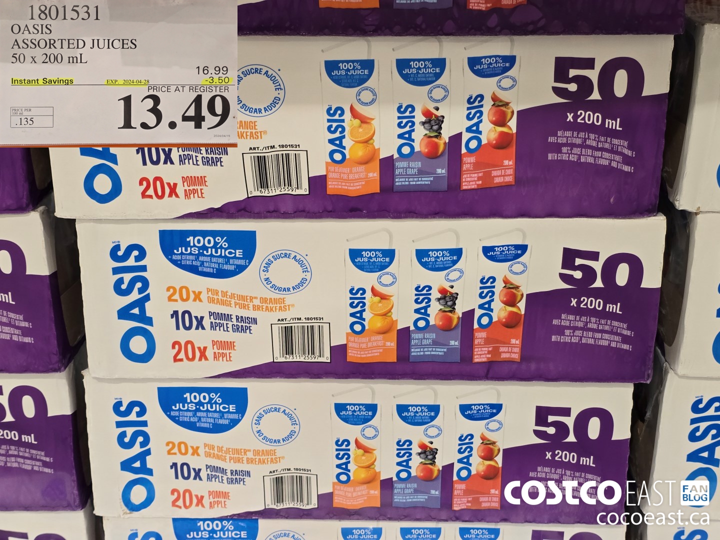 1801531 OASIS ASSORTED JUICES 50 x 200 mL ($3.50 INSTANT SAVINGS EXPIRES ON 2024-04-28) $13.49