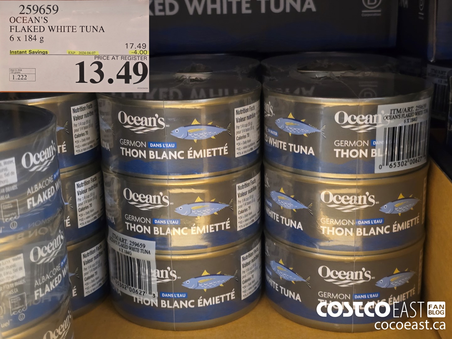 259659 OCEAN'S FLAKED WHITE TUNA 6 x 184 G ($4.00 INSTANT SAVINGS EXPIRES ON 2024-04-07) $13.49