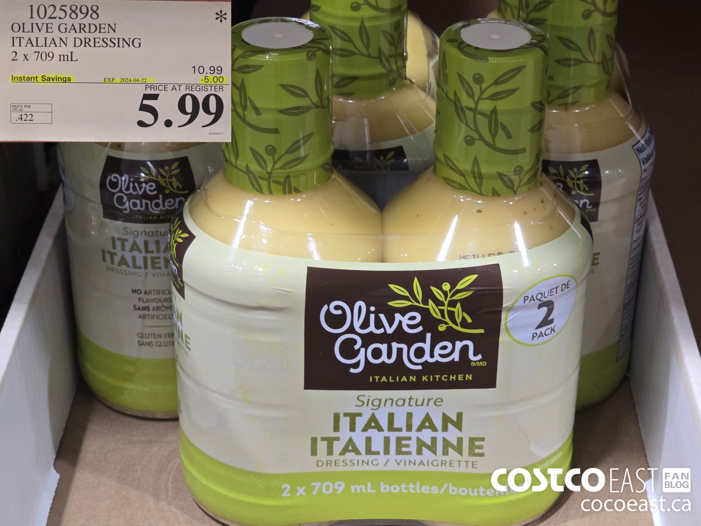 1025898 OLIVE GARDEN ITALIAN DRESSING 2 X 709 ML ($5.00 INSTANT SAVINGS EXPIRES ON 2024-04-22) $5.99