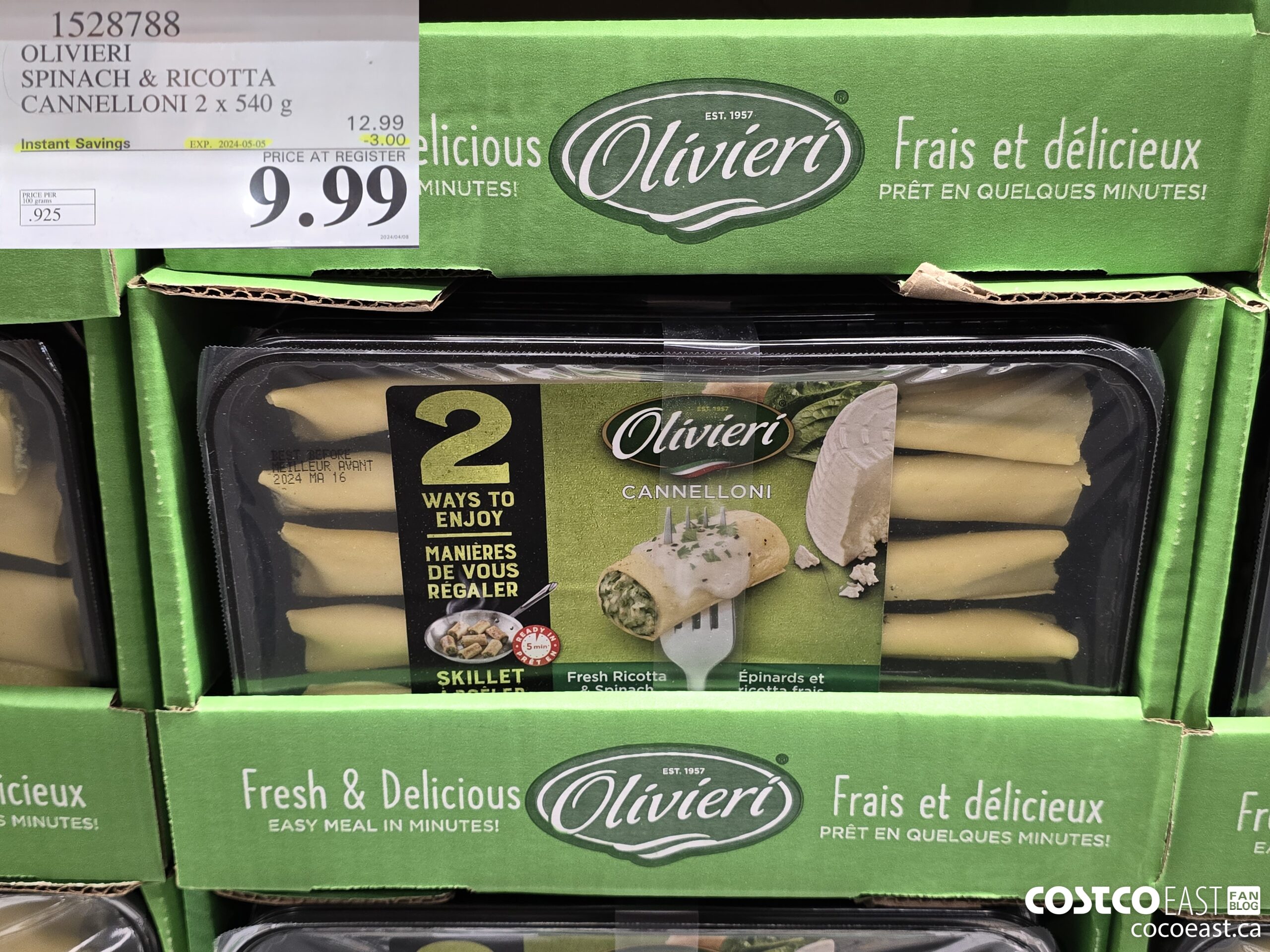 1528788 OLIVIERY SPINACH & RICOTTA CANNELLONI 2 X 540 G ($3.00 INSTANT SAVINGS EXPIRES ON 2024-05-05) $9.99