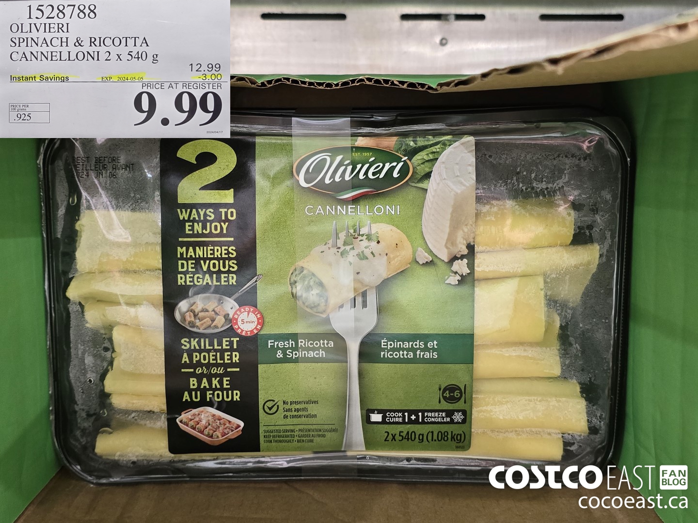 1528788 OLIVIERY SPINACH & RICOTTA CANNELLONI 2 X 540 G ($3.00 INSTANT SAVINGS EXPIRES ON 2024-05-05) $9.99