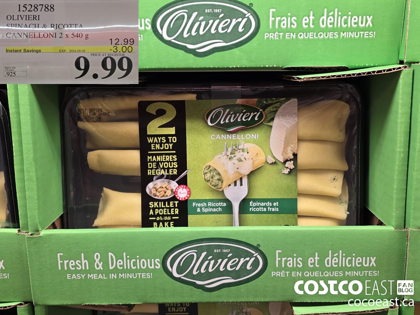 1528788 OLIVIERY SPINACH & RICOTTA CANNELLONI 2 X 540 G ($3.00 INSTANT SAVINGS EXPIRES ON 2024-05-05) $9.99