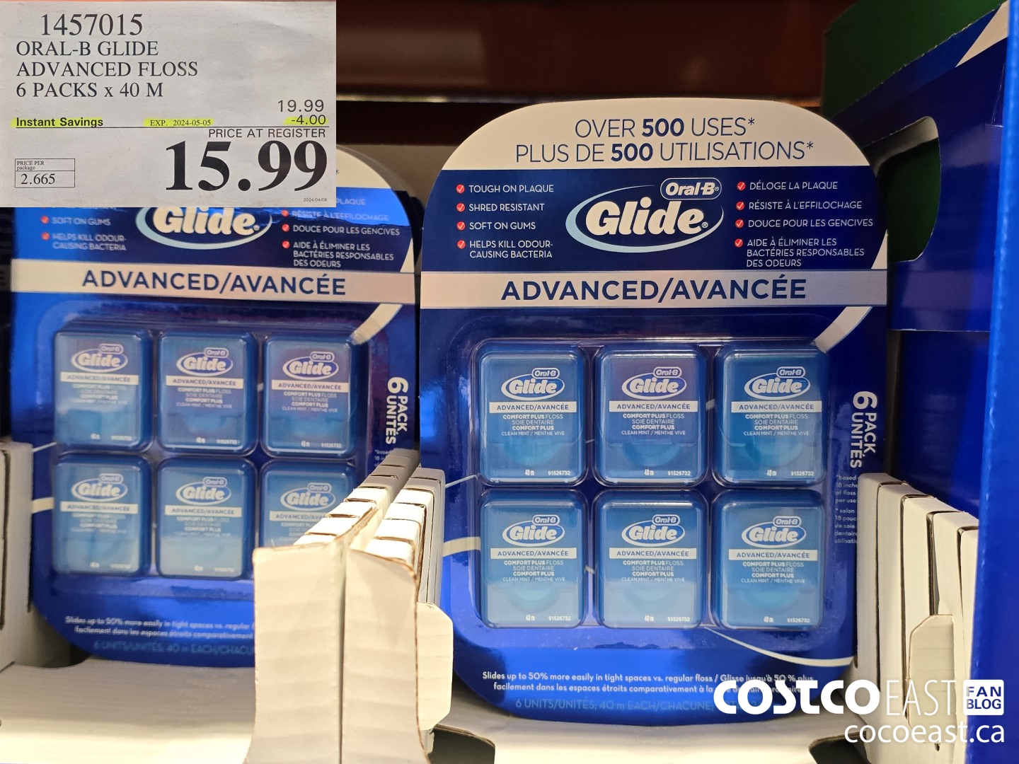 1457015 ORAL-B GLIDE ADVANCED FLOSS 6 PACKS X 40 M ($4.00 INSTANT SAVINGS EXPIRES ON 2024-05-05) $15.99