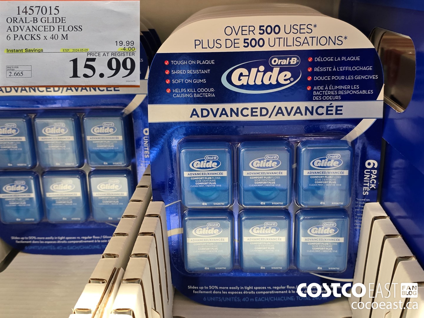 1457015 ORAL-B GLIDE ADVANCED FLOSS 6 PACKS X 40 M ($4.00 INSTANT SAVINGS EXPIRES ON 2024-05-05) $15.99
