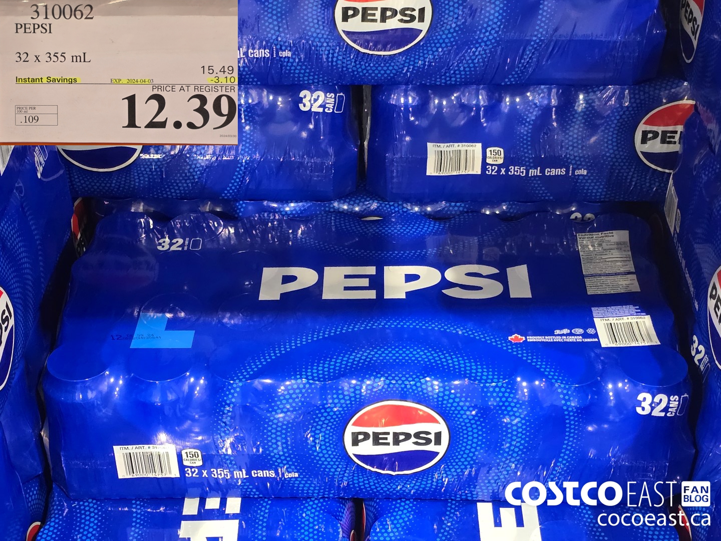 310062 PEPSI 32 X 355 ML ($3.10 INSTANT SAVINGS EXPIRES ON 2024-04-03) $12.39