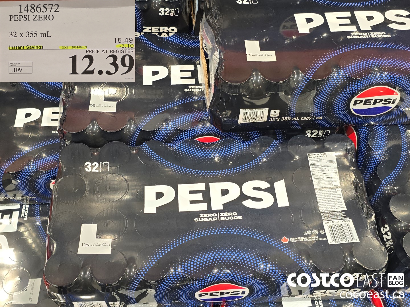 1486572 PEPSI ZERO 32 X 355 ML ($3.10 INSTANT SAVINGS EXPIRES ON 2024-04-03) $12.39