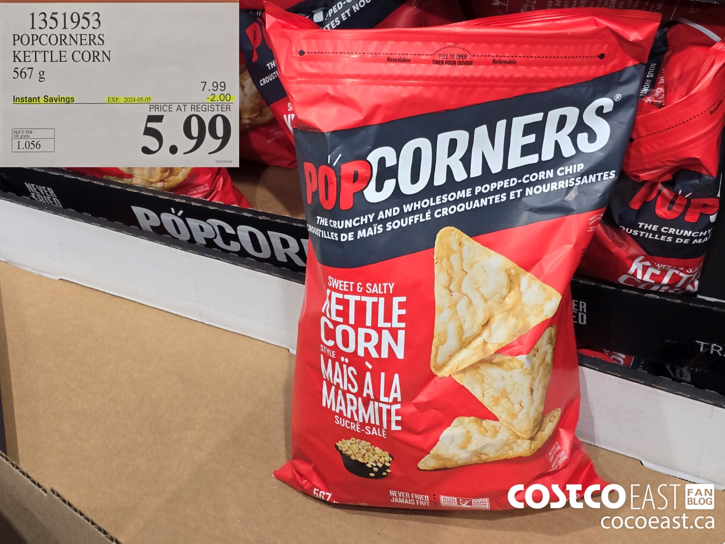 1351953 POPCORNERS KETTLE POPPED CHIPS 567 G ($2.00 INSTANT SAVINGS EXPIRES ON 2024-05-05) $5.99