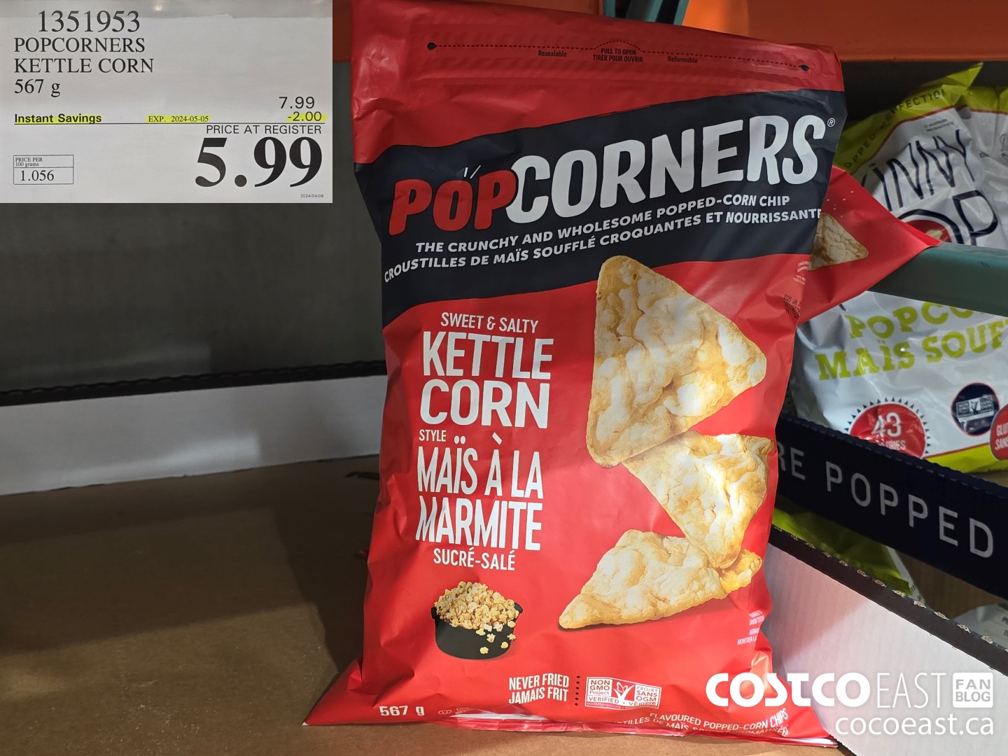 1351953 POPCORNERS KETTLE POPPED CHIPS 567 G ($2.00 INSTANT SAVINGS EXPIRES ON 2024-05-05) $5.99