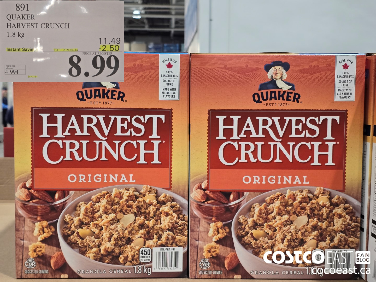 891 QUAKER HARVEST CRUNCH 1.8 kg ($2.50 INSTANT SAVINGS EXPIRES ON 2024-04-14) $8.99