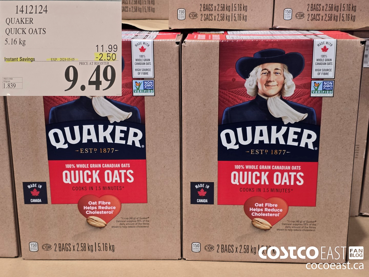 1412124 QUAKER QUICK OATS 5.16 kg ($2.50 INSTANT SAVINGS EXPIRES ON 2024-05-05) $9.49