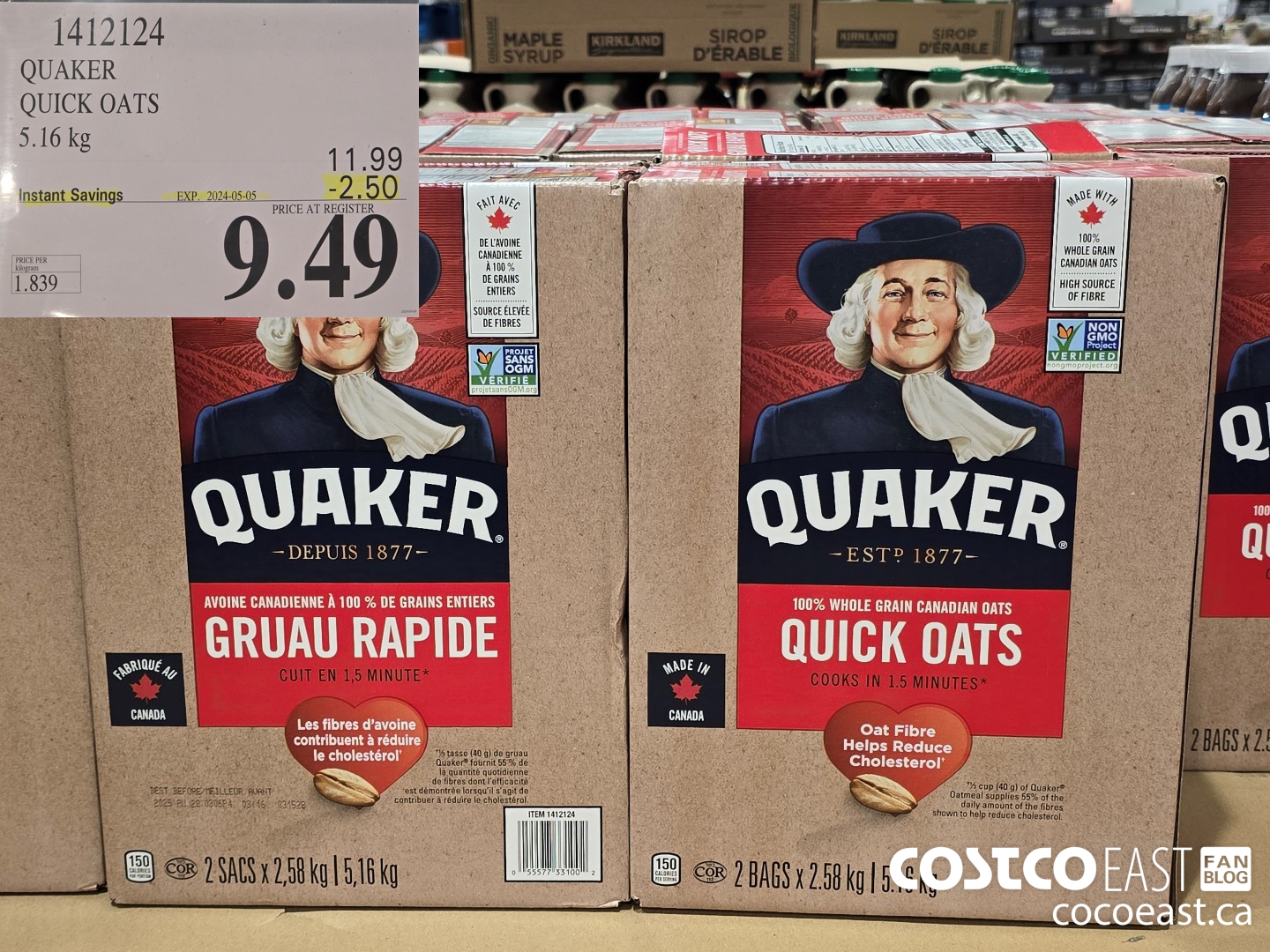 1412124 QUAKER QUICK OATS 5.16 kg ($2.50 INSTANT SAVINGS EXPIRES ON 2024-05-05) $9.49