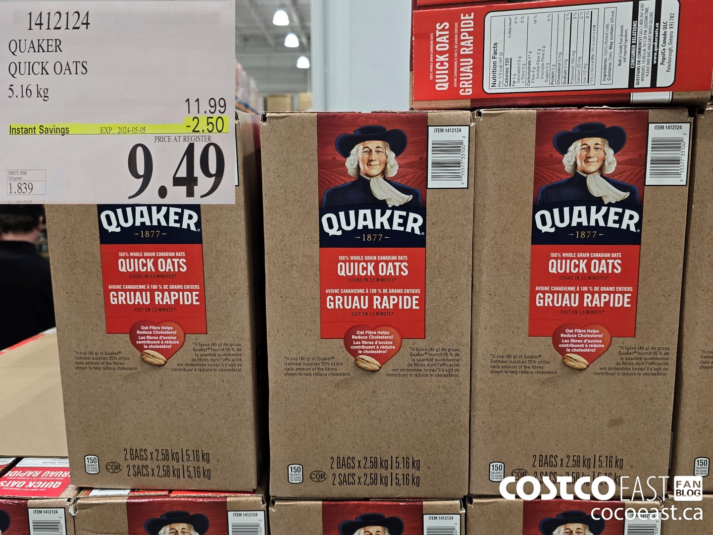 1412124 QUAKER QUICK OATS 5.16 kg ($2.50 INSTANT SAVINGS EXPIRES ON 2024-05-05) $9.49
