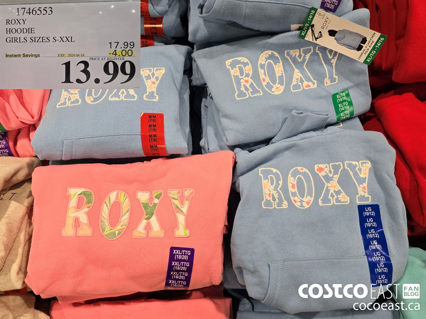 1746553 ROXY HOODIE GIRLS SIZES S-XXL ($4.00 INSTANT SAVINGS EXPIRES ON 2024-04-14) $13.99