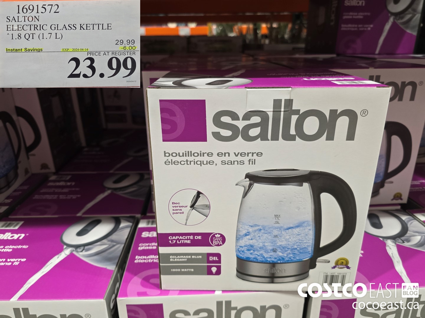 1691572 SALTON CORDLESS ELECTRIC GLASS KETTLE 1.8QT (1.7L) ($6.00 INSTANT SAVINGS EXPIRES ON 2024-04-14) $23.99