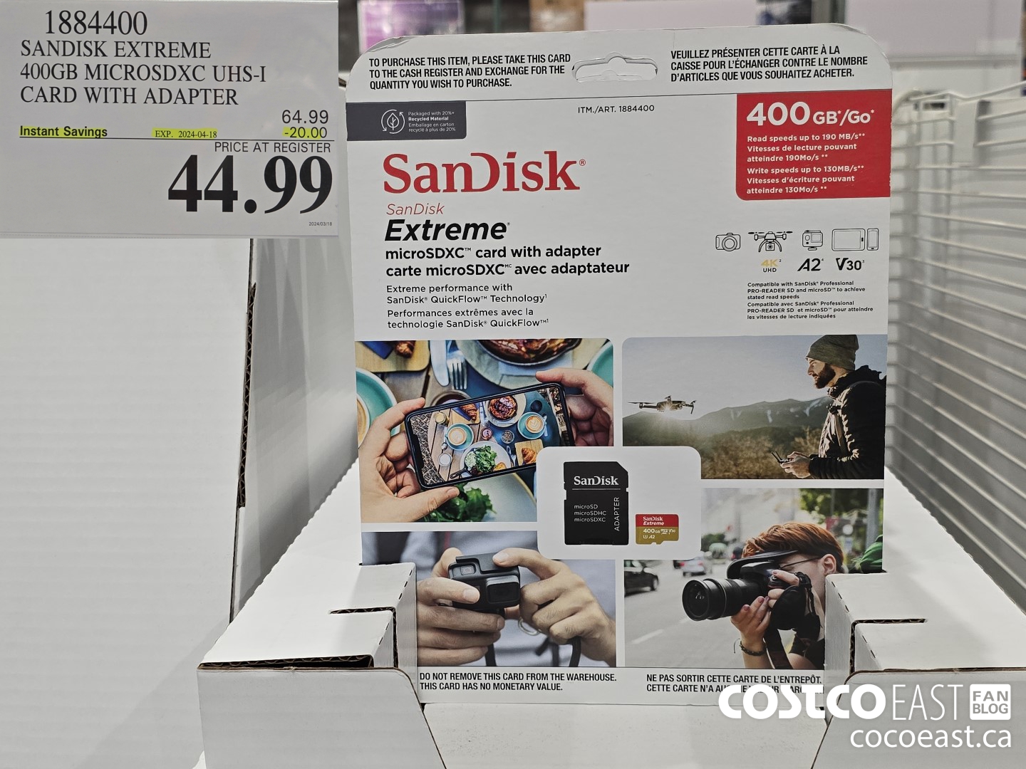 1884400 SANDISK EXTREME 400GB MICROSDXC UHS-I WITH ADAPTER ($20.00 INSTANT SAVINGS EXPIRES ON 2024-04-18) $44.99