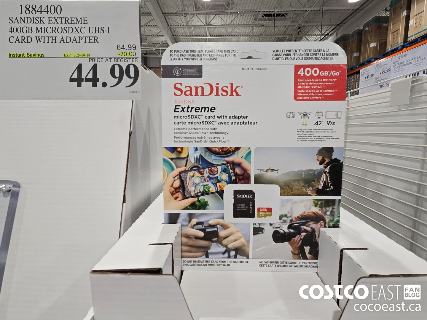 1884400 SANDISK EXTREME 400GB MICROSDXC UHS-I WITH ADAPTER ($20.00 INSTANT SAVINGS EXPIRES ON 2024-04-18) $44.99