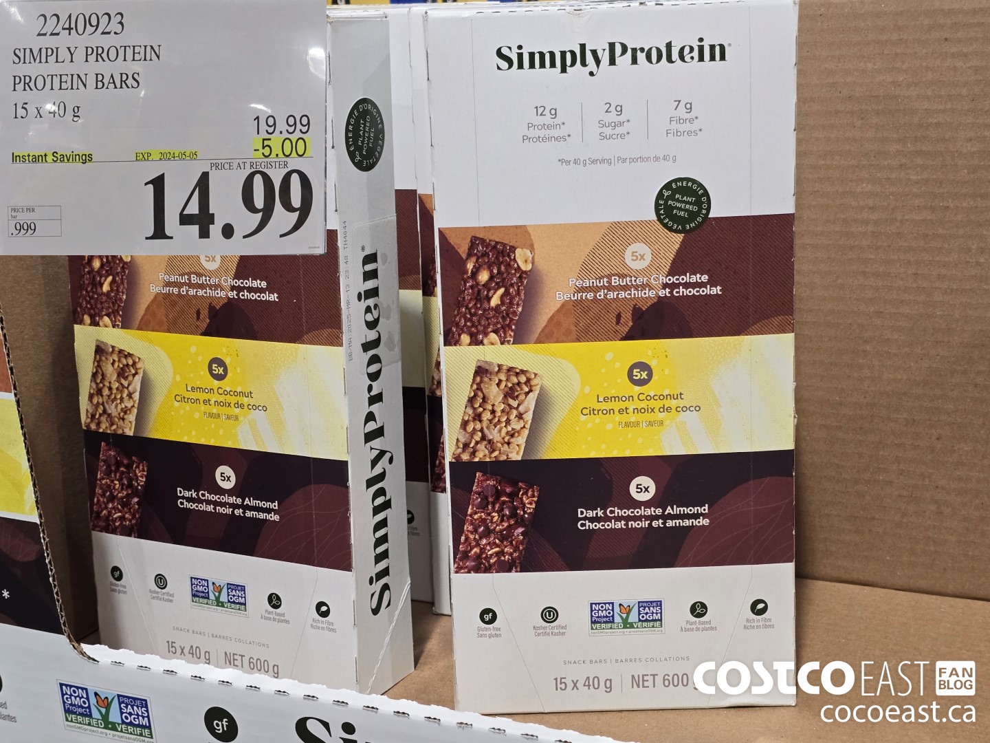 2240923 SIMPLY PROTEIN PROTEIN BARS 15 x 40 g ($5.00 INSTANT SAVINGS EXPIRES ON 2024-05-05) $14.99