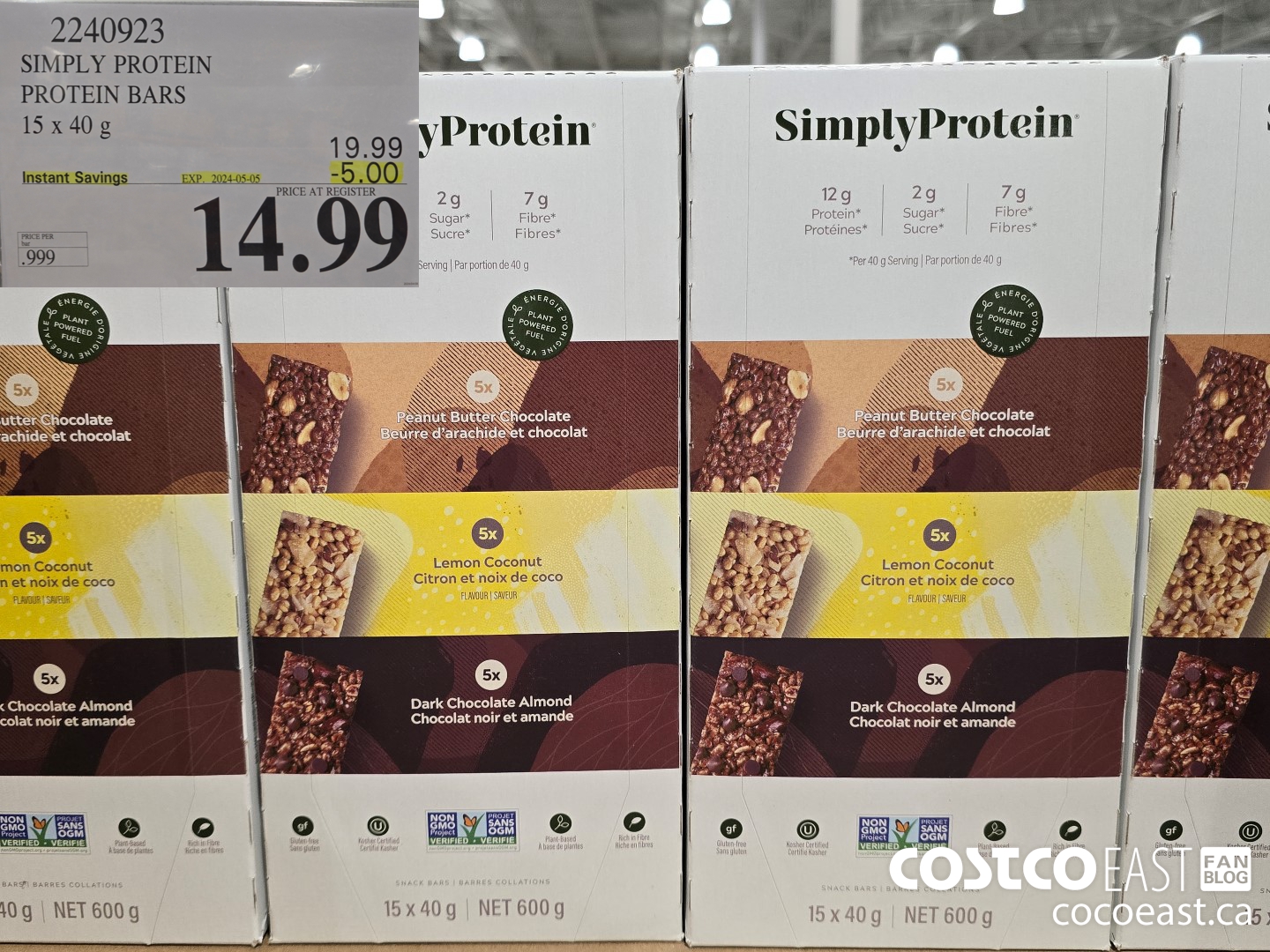2240923 SIMPLY PROTEIN PROTEIN BARS 15 x 40 g ($5.00 INSTANT SAVINGS EXPIRES ON 2024-05-05) $14.99