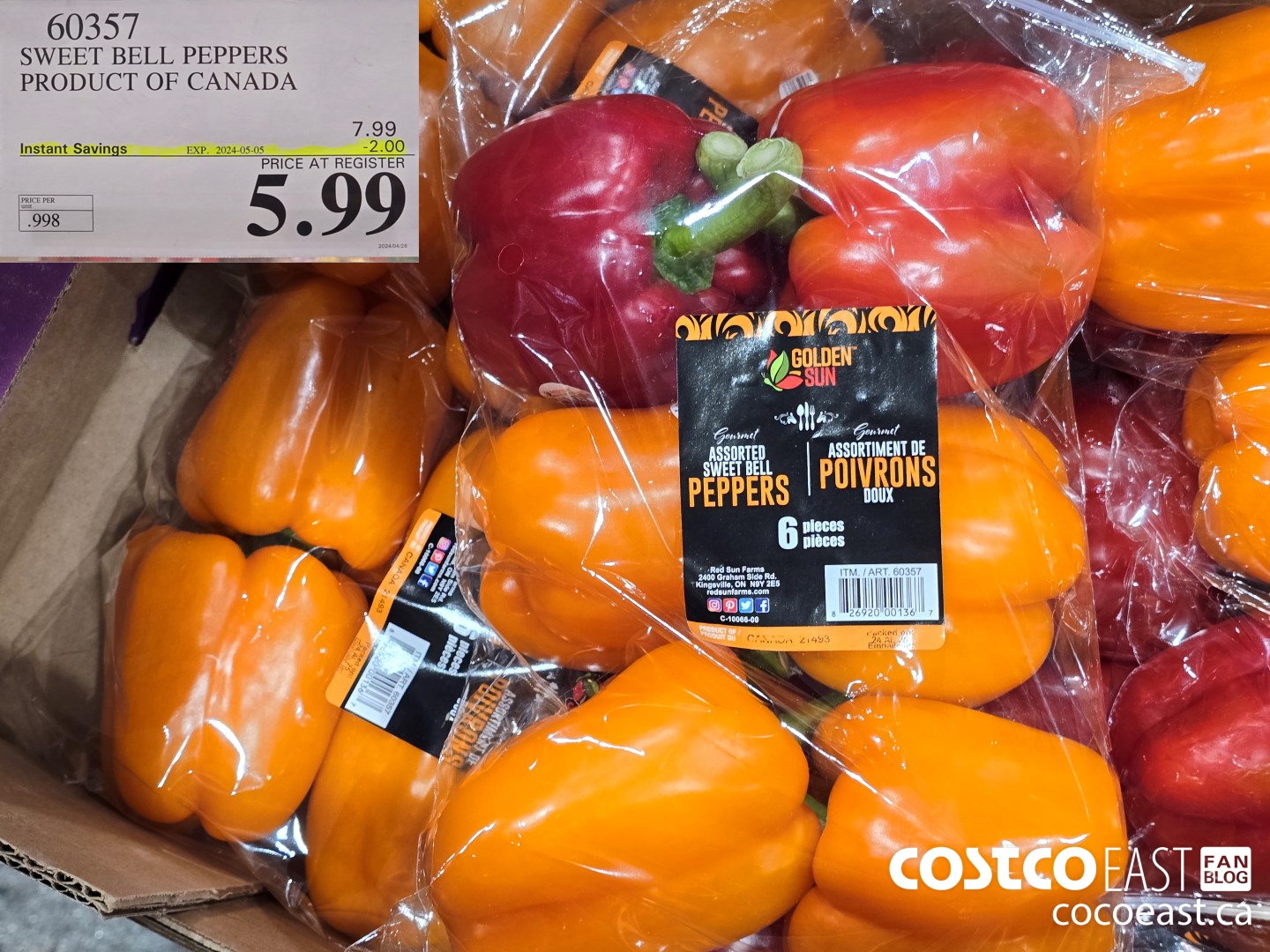 60357 SWEET BELL PEPPERS PRODUCT OF CANADA ($2.00 INSTANT SAVINGS EXPIRES ON 2024-05-05) $5.99