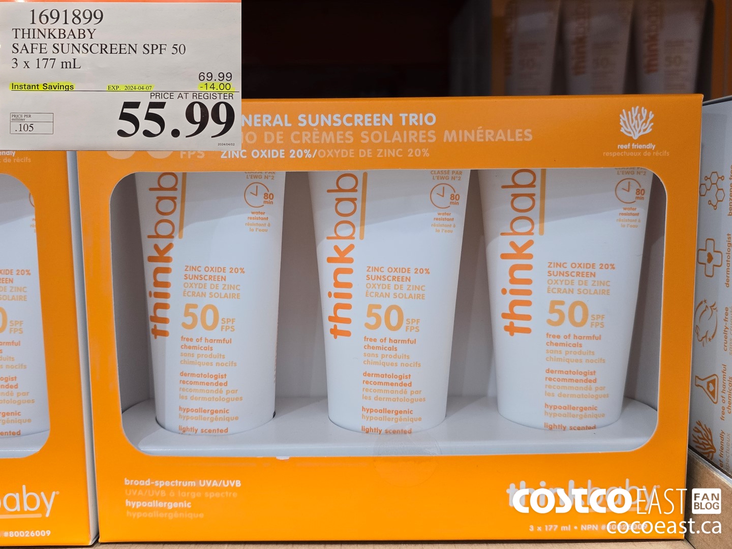 1691899 THINKBABY SAFE SUNSCREEN SPF 50 3 X 177 ML ($14.00 INSTANT SAVINGS EXPIRES ON 2024-04-07) $55.99