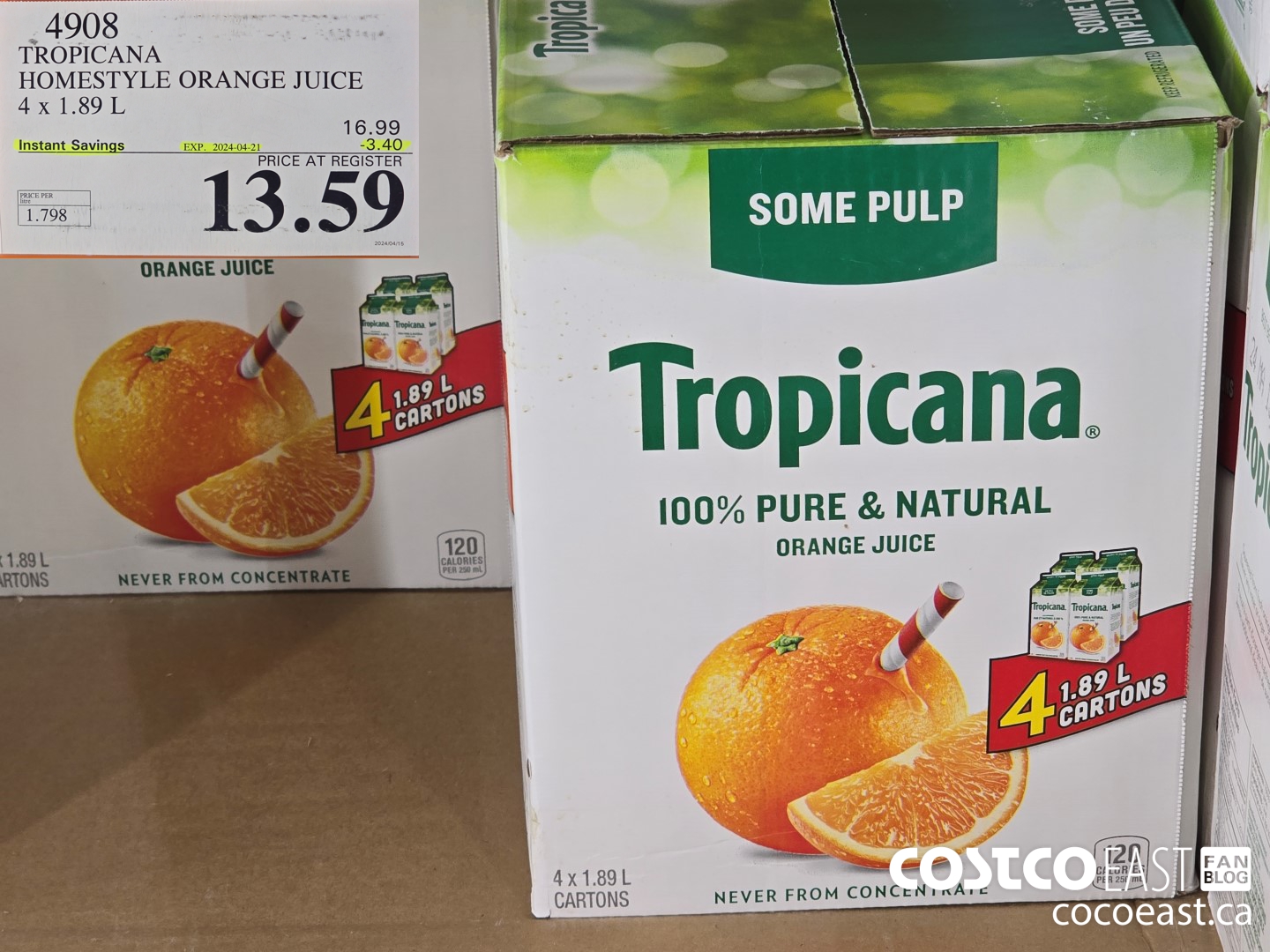 4908 TROPICANA HOMESTYLE ORANGE JUICE 4 X 1.89 L ($3.40 INSTANT SAVINGS EXPIRES ON 2024-04-21) $13.59