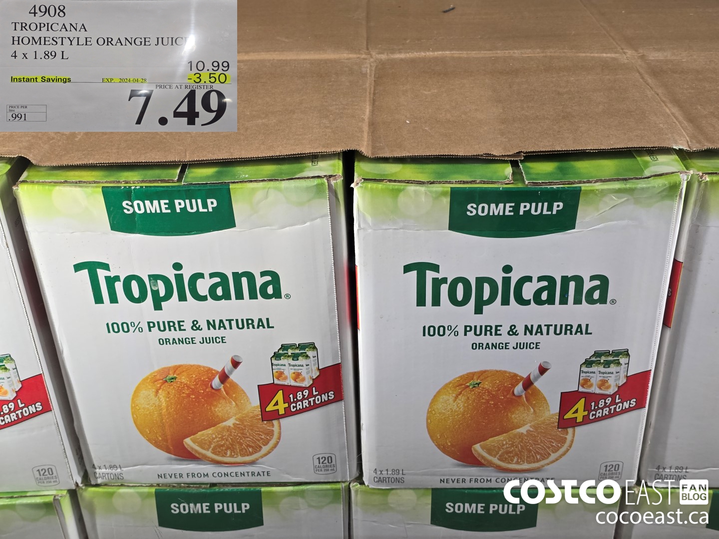 4908 TROPICANA HOMESTYLE ORANGE JUICE 4 X 1.89 L ($3.50 INSTANT SAVINGS EXPIRES ON 2024-04-28) $7.49