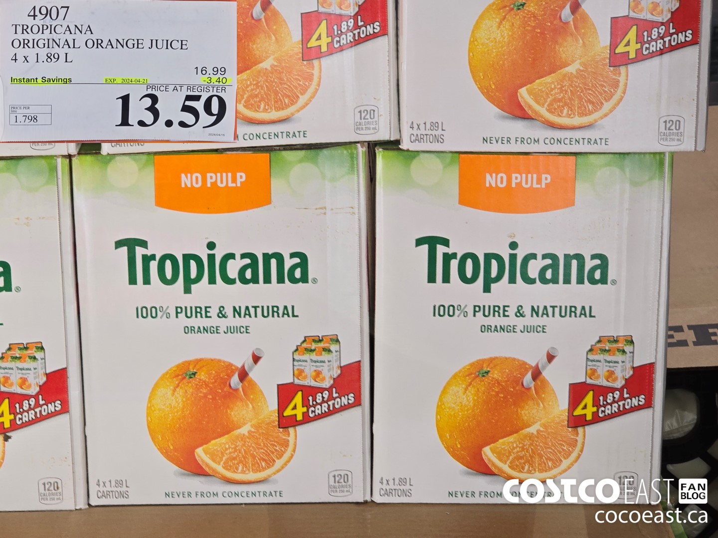 4907 TROPICANA ORIGINAL ORANGE JUICE 4 x 1.89 L ($3.40 INSTANT SAVINGS EXPIRES ON 2024-04-21) $13.59