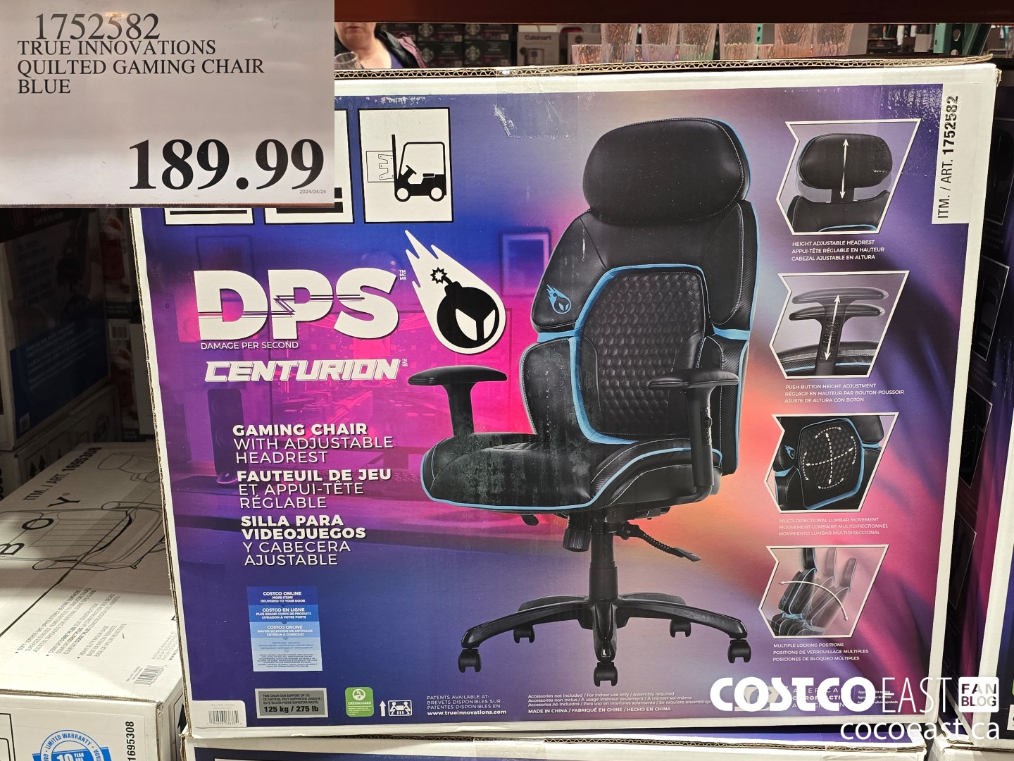 1752582 TRUE INNOVATIONS QUILTED GAMING CHAIR BLUE $189.99