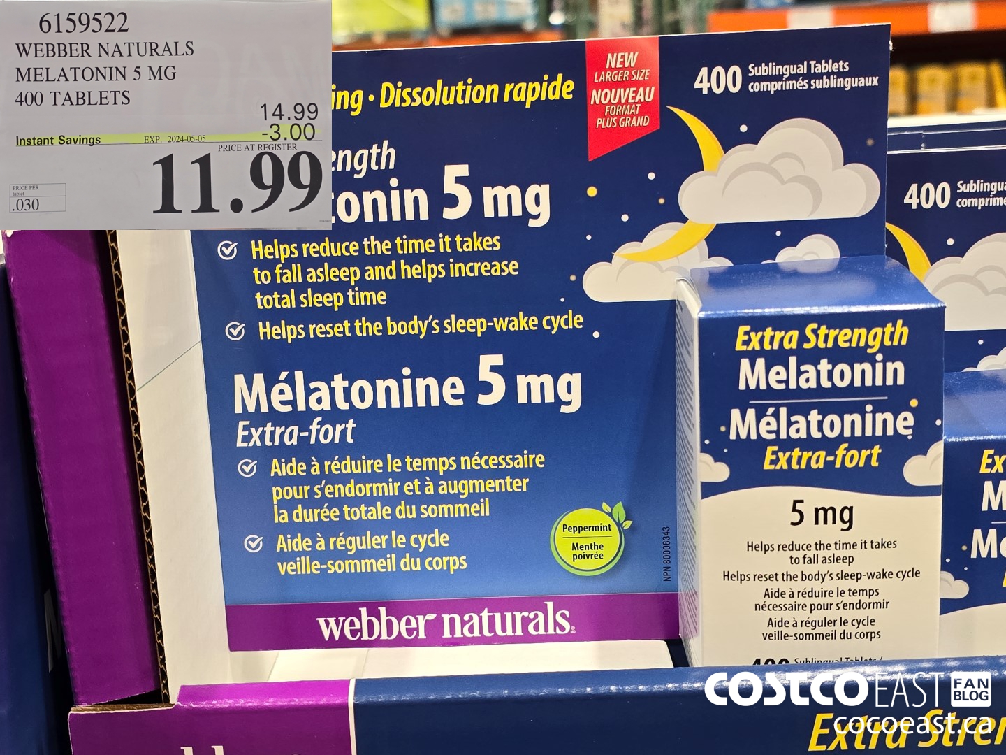 6159522 WEBBER NATURALS MELATONIN 5 MG 400 TABLETS ($3.00 INSTANT SAVINGS EXPIRES ON 2024-05-05) $11.99