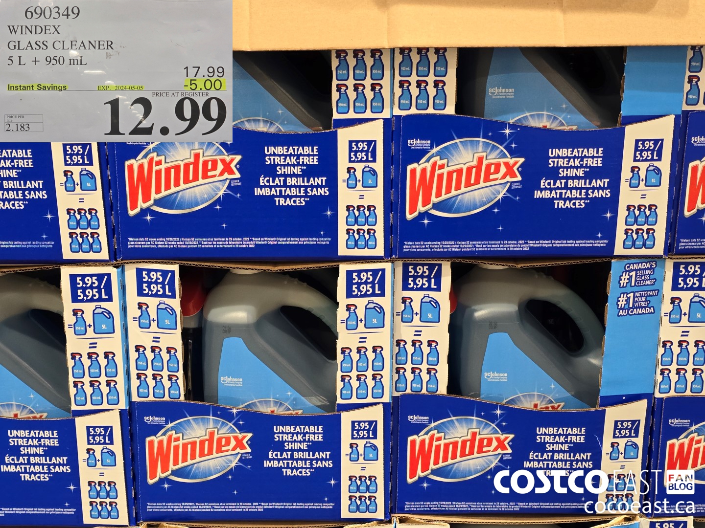 690349 WINDEX GLASS CLEANER 5 L + 950 ML ($5.00 INSTANT SAVINGS EXPIRES ON 2024-05-05) $12.99