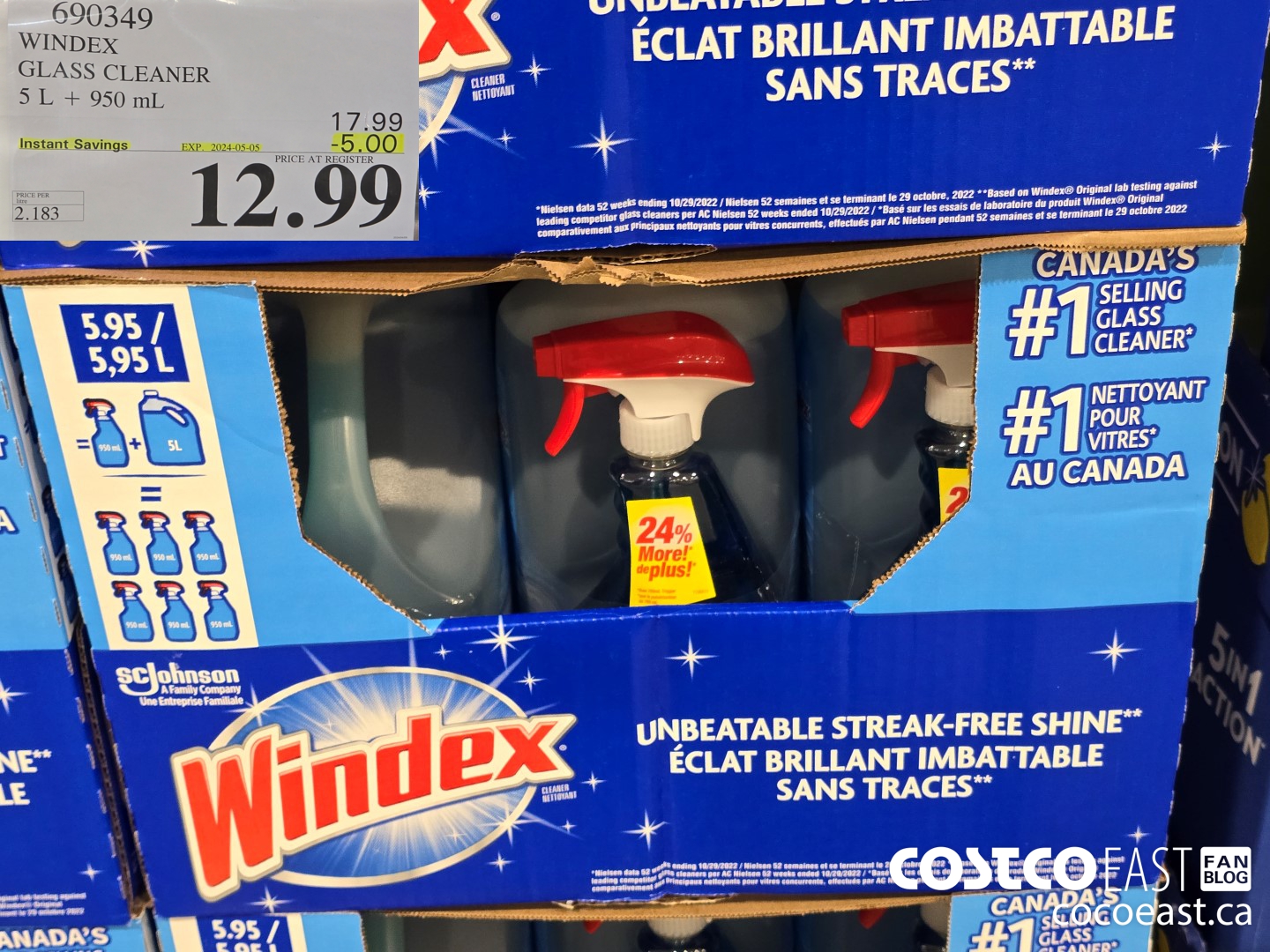 690349 WINDEX GLASS CLEANER 5 L + 950 ML ($5.00 INSTANT SAVINGS EXPIRES ON 2024-05-05) $12.99