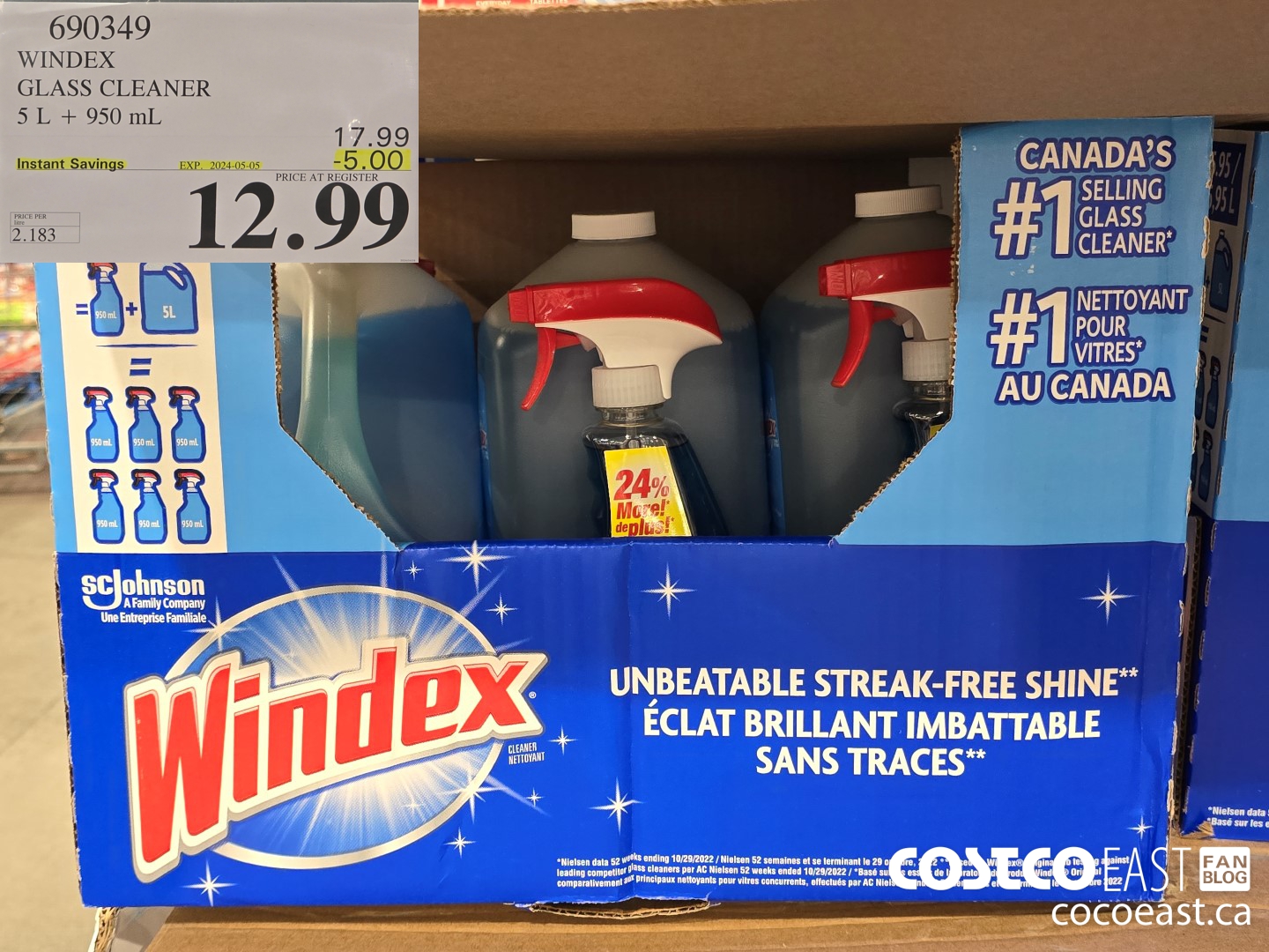 690349 WINDEX GLASS CLEANER 5 L + 950 ML ($5.00 INSTANT SAVINGS EXPIRES ON 2024-05-05) $12.99