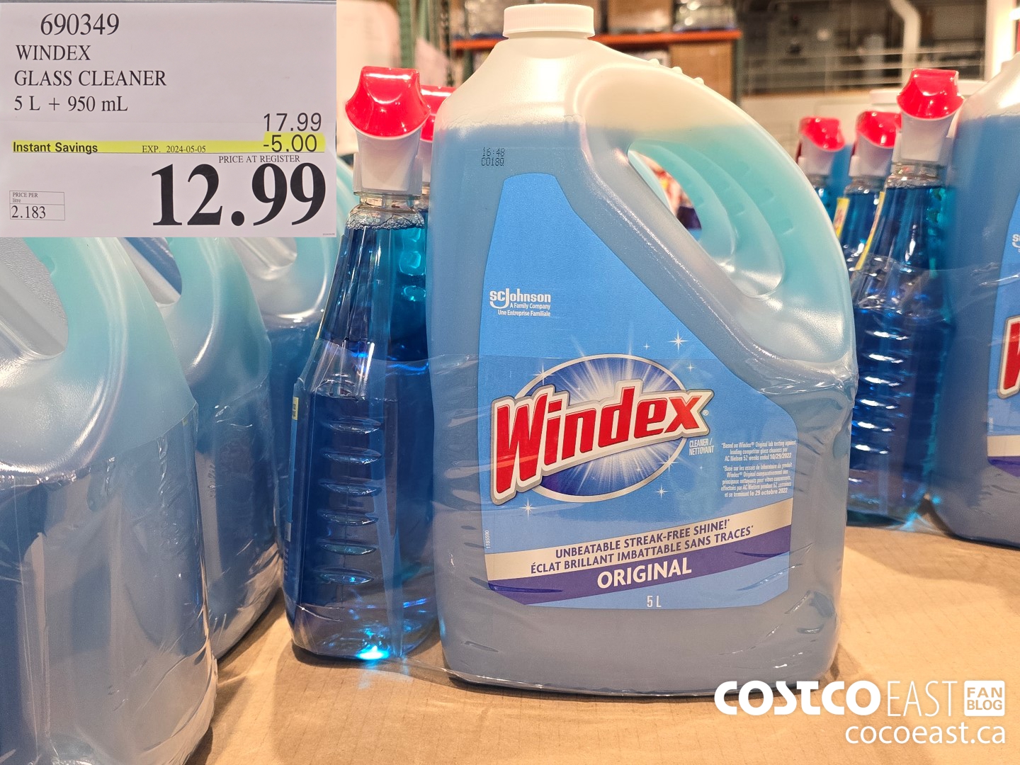 690349 WINDEX GLASS CLEANER 5 L + 950 ML ($5.00 INSTANT SAVINGS EXPIRES ON 2024-05-05) $12.99